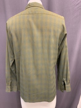 ARROW, Olive Green, Green, Viscose, Rayon, Plaid, Button Front, Collar Attached, Long Sleeves, 2 Chest Pockets, Seam on Left Pocket Slightly Open Lining Ripped at Neck