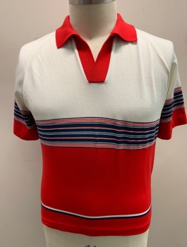 MONTGOMERY WARD, Red, White, Navy Blue, Polyester, Solid, Stripes - Horizontal , Knit, Short Sleeves, White Top Half, Red Bottom Half, with Thin Stripes Across Center and Sleeves, Raglan Sleeves, Solid Red Collar Attached, V-neck with No Buttons,