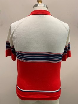 MONTGOMERY WARD, Red, White, Navy Blue, Polyester, Solid, Stripes - Horizontal , Knit, Short Sleeves, White Top Half, Red Bottom Half, with Thin Stripes Across Center and Sleeves, Raglan Sleeves, Solid Red Collar Attached, V-neck with No Buttons,
