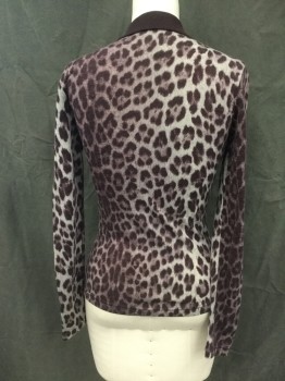 FURTURE OZBAK, Aubergine Purple, Gray, Wool, Polyamide, Animal Print, Zip Front, Long Sleeves, Solid Eggplant Ribbed Knit Collar Attached