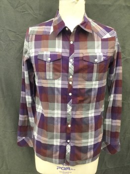 RUSTY, Purple, Aubergine Purple, Gray, Lt Gray, Cotton, Polyester, Plaid, Button Front, Collar Attached, Long Sleeves, Button Cuff, Western Yoke, 2 Flap Pockets