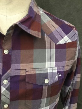 RUSTY, Purple, Aubergine Purple, Gray, Lt Gray, Cotton, Polyester, Plaid, Button Front, Collar Attached, Long Sleeves, Button Cuff, Western Yoke, 2 Flap Pockets