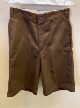 Mens, Shorts, DICKIES, Coffee Brown, Poly/Cotton, Solid, W32, Zip Front, Flat Front, 2 Slant Pockets, 2 Back Welt Pockets with One Button, Welt Side Pocket, Logo Patch on Side Pocket