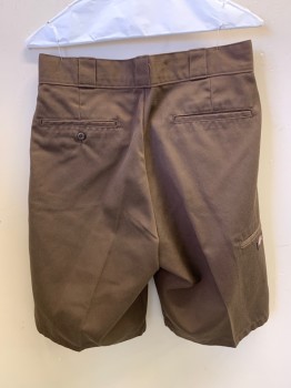 Mens, Shorts, DICKIES, Coffee Brown, Poly/Cotton, Solid, W32, Zip Front, Flat Front, 2 Slant Pockets, 2 Back Welt Pockets with One Button, Welt Side Pocket, Logo Patch on Side Pocket