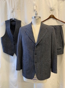 Mens, 1930s Vintage, Suit, Jacket, MTO/JOHN DAVID RIDGE, Charcoal Gray, Black, Red, Wool, Stripes - Vertical , Tweed, 44R, Single Breasted, Collar Attached, Notched Lapel, 3 Buttons,  3 Pockets,