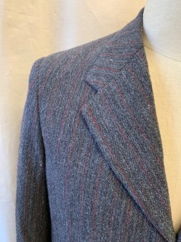 Mens, 1930s Vintage, Suit, Jacket, MTO/JOHN DAVID RIDGE, Charcoal Gray, Black, Red, Wool, Stripes - Vertical , Tweed, 44R, Single Breasted, Collar Attached, Notched Lapel, 3 Buttons,  3 Pockets,