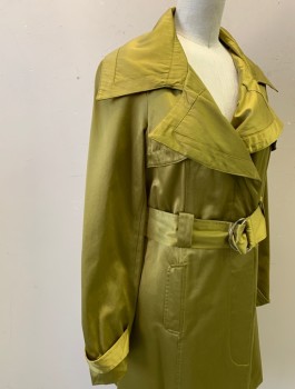 Womens, Coat, Trenchcoat, BEBE, Acid Green, Cotton, Polyester, Solid, XS, Satin-y Material, Wide Lapel, Button Front with Covered Placket, Wide Belt Loops, Short - Hem Above Knee, **With Matching 2" Wide BELT