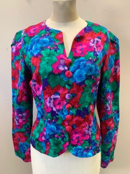 MAGGY LONDON, Pink, Green, Blue, Purple, Silk, Floral, Fabric Covered Buttons and Loops, Long Sleeves Pleated at Inset
