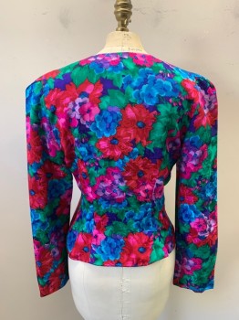 MAGGY LONDON, Pink, Green, Blue, Purple, Silk, Floral, Fabric Covered Buttons and Loops, Long Sleeves Pleated at Inset