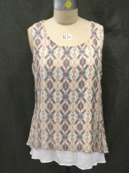 Womens, Top, AGB , Gray, Peach Orange, Tan Brown, White, Rayon, Polyester, Abstract , 2X, Abstract Stripes, Scoop Neck, Sleeveless, Rounded Hem, White Lining Longer That Top