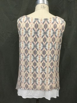 Womens, Top, AGB , Gray, Peach Orange, Tan Brown, White, Rayon, Polyester, Abstract , 2X, Abstract Stripes, Scoop Neck, Sleeveless, Rounded Hem, White Lining Longer That Top