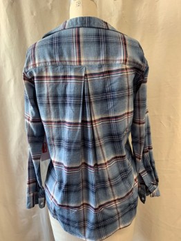 GRAYSON, Blue-Gray, White, Navy Blue, Red, Cotton, Plaid, Collar Attached, Button Front, Long Sleeves, Pleated Back