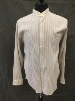 CALVIN KLEIN, White, Tan Brown, Cotton, Stripes - Vertical , Long Sleeves, Button Front, Band Collar