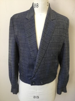Mens, 1980s Vintage, Suit, Jacket, MTO, Dk Blue, White, Silk, 2 Color Weave, 34/30, 38, Double Breasted, 2 Buttons at Waistband Only, 2 Pockets, Long Sleeves, Button Cuffs, , Collar Attached, Notched Lapel, Elastic Smocked Side Waistband