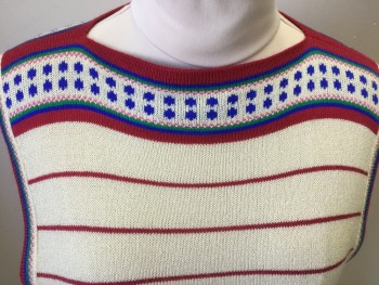 Womens, Vest, CONTESSINA, Cream, Raspberry Pink, Blue, Green, Pink, Acrylic, Novelty Pattern, Stripes - Horizontal , M, Pullover, Side Ties Underarms, Boat Neck,