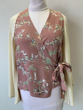 Womens, Blouse, N/L, Ivory White, Mauve Pink, Mint Green, Beige, Silk, Asian Inspired Theme, Solid, B:36, Wrap Blouse, Cream Long Flared Sleeves, Torso is Dusty Mauve with Japanese Soldiers Print, Crepe, V-neck, Self Ties at Side Waist, Has Tiny Holes in Left Sleeve See Detail Photo,