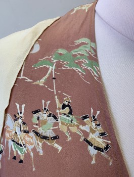Womens, Blouse, N/L, Ivory White, Mauve Pink, Mint Green, Beige, Silk, Asian Inspired Theme, Solid, B:36, Wrap Blouse, Cream Long Flared Sleeves, Torso is Dusty Mauve with Japanese Soldiers Print, Crepe, V-neck, Self Ties at Side Waist, Has Tiny Holes in Left Sleeve See Detail Photo,