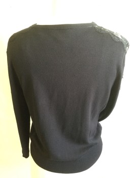 Womens, Sweater, TED BAKER, Black, Viscose, Polyamide, Solid, M, Ribbed Knit Crew Neck, Long Sleeves Cuffs, & Hem, Gold Button Front, Black Lace Panel on Shoulder & Long Sleeves,