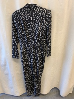 Womens, Jumpsuit, A.L.C., Black, Silk, Elastane, Abstract , 6, V-neck, Hook & Eye Closure, Closure, Long Sleeves, Gathered at Waist, Pleated Pant, Side Pockets, with Matching Belt