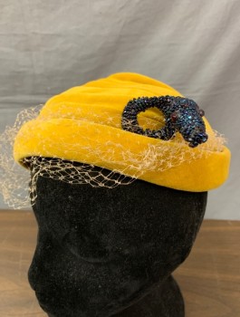 Womens, Hat, SHERMAN, Mustard Yellow, Beige, Black, Velvet Covered with Self Pleated Crown, Attached Beige Netting, Beige Velvet Tiny Bows, and Black Beaded Snake/Dog with Red Beaded Eyes,