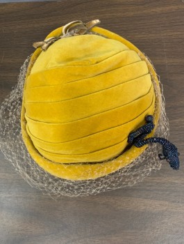 Womens, Hat, SHERMAN, Mustard Yellow, Beige, Black, Velvet Covered with Self Pleated Crown, Attached Beige Netting, Beige Velvet Tiny Bows, and Black Beaded Snake/Dog with Red Beaded Eyes,