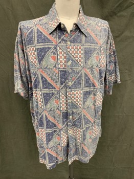 Mens, Hawaiian Shirt, RED TIDE, Navy Blue, Red, Gray, White, Cotton, Hawaiian Print, XXL, Triangle Patchwork, Fishes, Button Front, Collar Attached, Short Sleeves