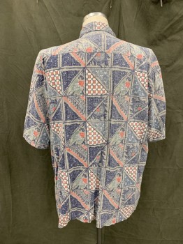 Mens, Hawaiian Shirt, RED TIDE, Navy Blue, Red, Gray, White, Cotton, Hawaiian Print, XXL, Triangle Patchwork, Fishes, Button Front, Collar Attached, Short Sleeves