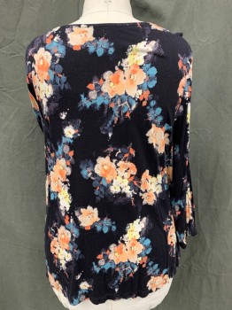 Womens, Top, AMERICAN RAG , Black, Coral Pink, Turquoise Blue, Cream, Rayon, Spandex, Floral, 3X, Scoop Neck, Long Sleeves, Chunky Lace Trimmed Applique Yoke and Vertical Front Stripe Inserts, Elastic at Wrists