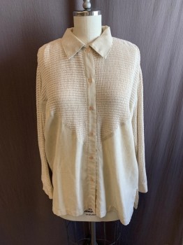 BROWNSTONE STUDIO, Beige, Linen, Cotton, Solid, L/S, Button Front, Collar Attached, Knit Pointed Yoke and Sleeves