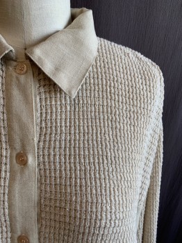 Womens, Shirt, BROWNSTONE STUDIO, Beige, Linen, Cotton, Solid, L, L/S, Button Front, Collar Attached, Knit Pointed Yoke and Sleeves