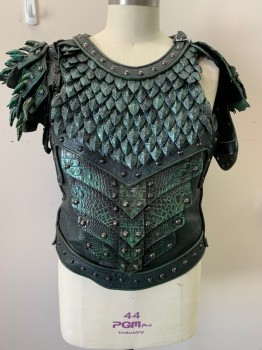 Mens, Sci-Fi/Fantasy Piece 1, BILL HARGATE, Iridescent Green, Black, Leather, Plastic, Fish Scales, Reptile/Snakeskin, C: 44, Cuiras, Breast and Back Plates, Lace Up Sides, Layer 3D Scales, Studs and Spikes, Hidden Zipper Side Back