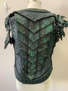 Mens, Sci-Fi/Fantasy Piece 1, BILL HARGATE, Iridescent Green, Black, Leather, Plastic, Fish Scales, Reptile/Snakeskin, C: 44, Cuiras, Breast and Back Plates, Lace Up Sides, Layer 3D Scales, Studs and Spikes, Hidden Zipper Side Back