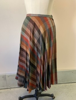 CENTURY, Brown, Maroon Red, Gray, Beige, Wool, Plaid, Thick Scratchy Wool, A-Line, Pleated, 1" Wide Waistband, Side Zipper