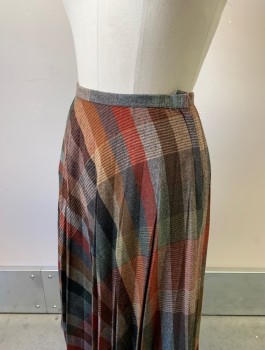 Womens, Skirt, CENTURY, Brown, Maroon Red, Gray, Beige, Wool, Plaid, W:26, Thick Scratchy Wool, A-Line, Pleated, 1" Wide Waistband, Side Zipper
