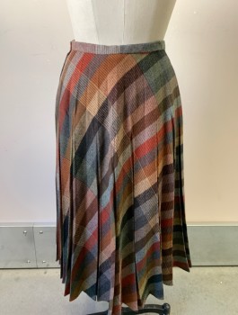 Womens, Skirt, CENTURY, Brown, Maroon Red, Gray, Beige, Wool, Plaid, W:26, Thick Scratchy Wool, A-Line, Pleated, 1" Wide Waistband, Side Zipper