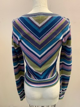 Womens, Pullover, GAUGE, Purple, Lime Green, Blue, Off White, Dusty Purple, Wool, Chevron, S, Long Sleeves, 3 Buttons on Each Shoulder