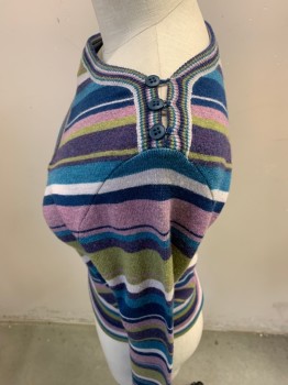 Womens, Pullover, GAUGE, Purple, Lime Green, Blue, Off White, Dusty Purple, Wool, Chevron, S, Long Sleeves, 3 Buttons on Each Shoulder