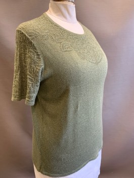 Womens, Pullover, ALFRED DUNNER, Sage Green, Acrylic, Solid, 1X, Knit, Short Sleeves, Round Neck,  Floral Texture Around Neck/Shoulders and Sleeves