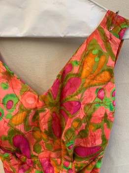 Womens, Bathing Suit, KAHALA, Salmon Pink, Magenta Pink, Lime Green, Synthetic, Floral, Abstract , 6, Zip Back, Side Smocking, Inside Structure, Bloomers, Straps Adjustable Into Halter
