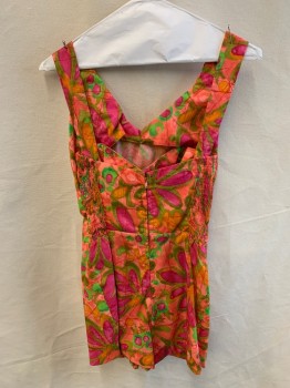 Womens, Bathing Suit, KAHALA, Salmon Pink, Magenta Pink, Lime Green, Synthetic, Floral, Abstract , 6, Zip Back, Side Smocking, Inside Structure, Bloomers, Straps Adjustable Into Halter