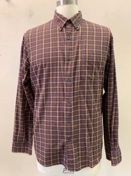 Mens, Casual Shirt, J CREW, Navy Blue, Mustard Yellow, Red, Brown, Cotton, Plaid, L, L/S, Button Front, Collar Attached, Chest Pocket
