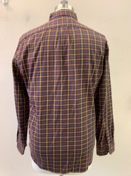 Mens, Casual Shirt, J CREW, Navy Blue, Mustard Yellow, Red, Brown, Cotton, Plaid, L, L/S, Button Front, Collar Attached, Chest Pocket