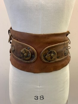 Unisex, Historical Fiction Belt, MTO, Camel Brown, Leather, Metallic/Metal, Solid, OS, Side Lacing With Leather Cord, Faded Gold Medallions And Grommets *Metal Is Corroding And Iodizing