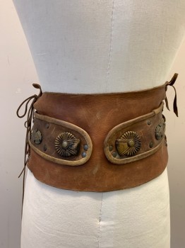 Unisex, Historical Fiction Belt, MTO, Camel Brown, Leather, Metallic/Metal, Solid, OS, Side Lacing With Leather Cord, Faded Gold Medallions And Grommets *Metal Is Corroding And Iodizing