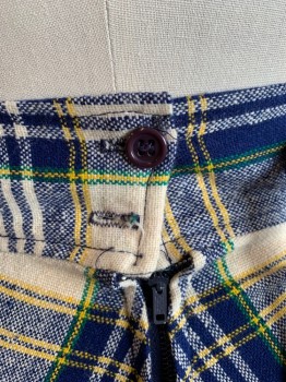 YOUNG TIMERS, Red, Dk Blue, Cream, Green, Yellow, Wool, Plaid, 2 Pockets, Large Belt Loops, Zip Back, 2 Button Closure, Matching Belt *Missing Second Button*