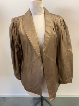 Womens, Leather Jacket, JOHN MICHAEL, Bronze Metallic, Leather, Solid, L, Shawl Collar, 2 Pckts, Open Front,
