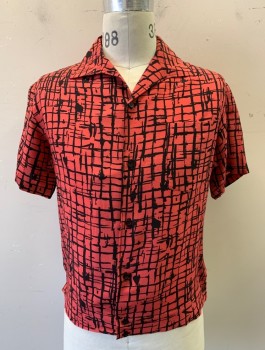 VENICE CUSTOM SHIRTS, Coral Pink, Black, Rayon, Abstract , Made To Order 80's Retro Does 60's, Vivid Inky Grid Pattern on Neon Coral, S/S, Button Front, Collar Attached, Short Waisted Boxy Fit, 1 Pocket, Made To Order