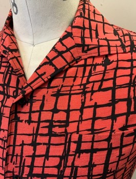 Mens, Casual Shirt, VENICE CUSTOM SHIRTS, Coral Pink, Black, Rayon, Abstract , M, Made To Order 80's Retro Does 60's, Vivid Inky Grid Pattern on Neon Coral, S/S, Button Front, Collar Attached, Short Waisted Boxy Fit, 1 Pocket, Made To Order