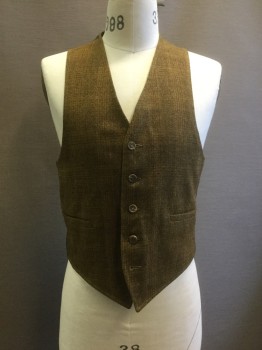 Mens, 1960s Vintage, Suit, Vest, BROOKFIELD, Ochre Brown-Yellow, Moss Green, Brown, Wool, Plaid, 38, Reversible, Solid Brushed Cotton, 5 Buttons, 2 Pckts, V-neck, Lining Back, Barcode In The Pocket