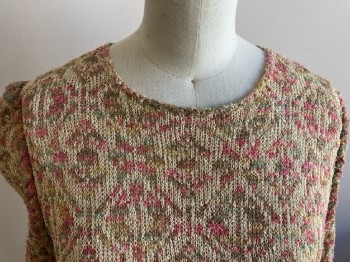 Womens, 1980s Vintage, Top, NL, B 32, Khaki Pink Lt Brown & Seafoam Diamond Patterned Knit, L/S, Pullover, Keyhole Back, CN,